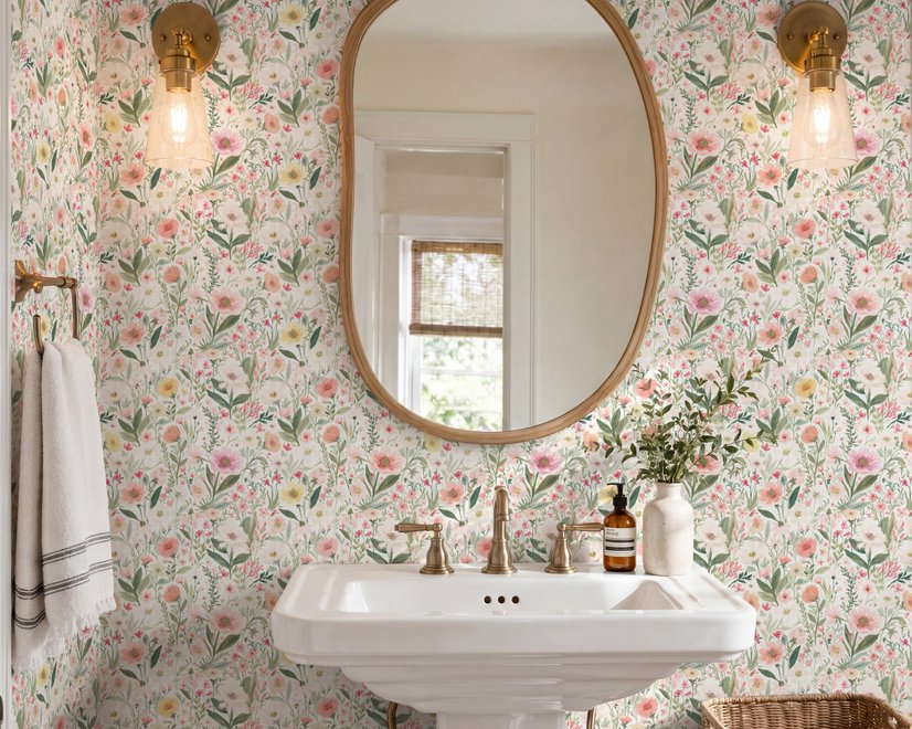 Pink wallpaper with watercolour blush, coral and yellow wildflowers, sage leaves and stems on a warm cream-white ground.