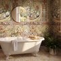 Antique style wallpaper mural with tulip vase medallion, floral tile panels and burgundy borders