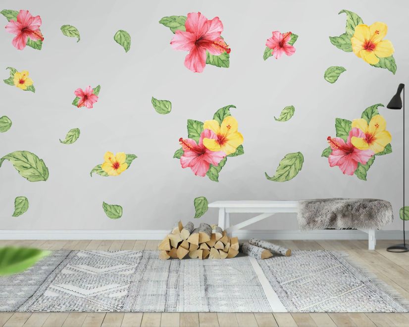 Pink Yellow Mirabilis Floral and Tropical Green Leaf Wall Decal Sticker