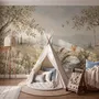 Watercolour woodland wall mural with fawn, rabbits, stone bridge, stream and distant cypress countryside