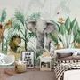 Kids Tropical Safari Animals with Green Leafs Wallpaper Mural
