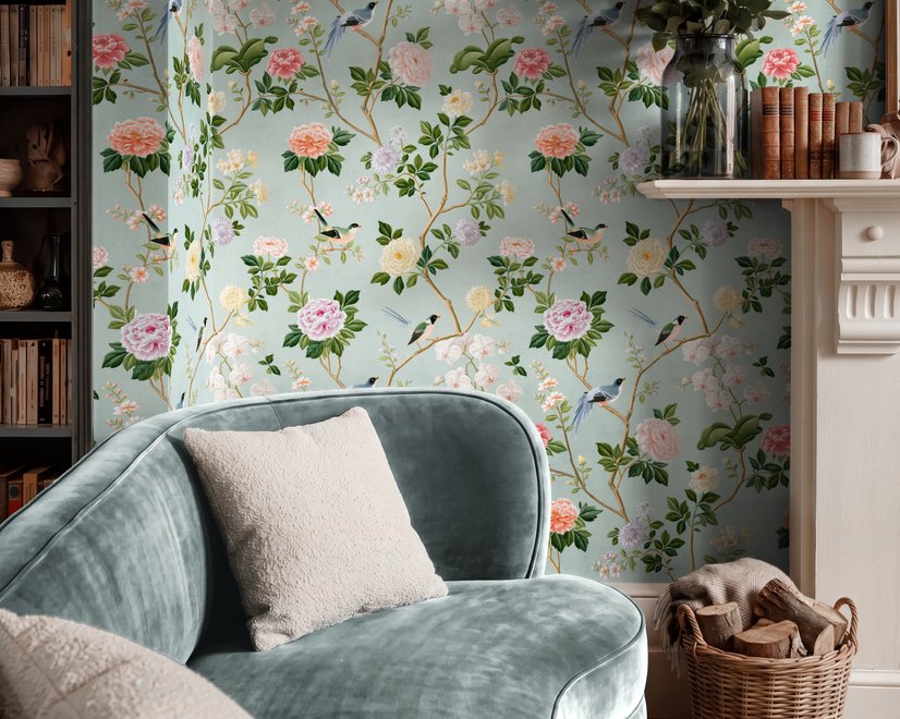 Chinoiserie wallpaper with peach birds, orchids and peonies on a pale duck egg blue ground