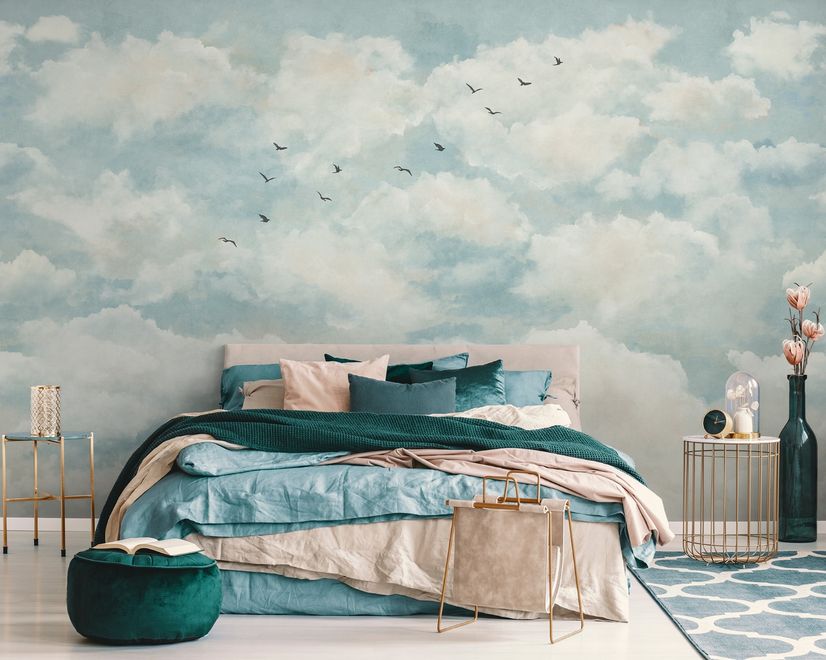 Abstract Clouds with Birds Wallpaper Mural
