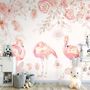 Papier peint panoramique flamants roses et fleurs roses