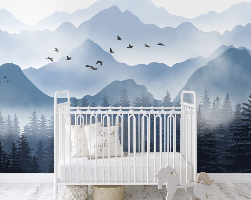 Monochrome Mountainscape with Misty Forest Wallpaper Mural