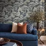 Navy wallpaper with warm ivory and taupe grey toile tree repeat on deep slate blue ground