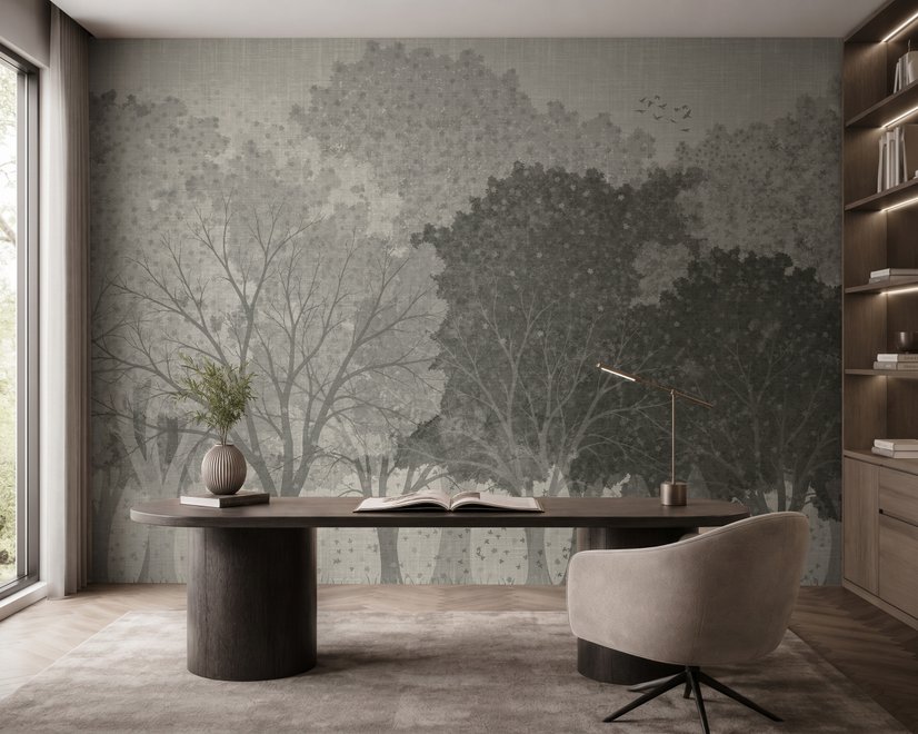 Light gray wallpaper mural with layered ink-wash woodland trees, falling leaves and birds