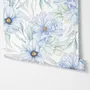 Blue floral wallpaper with watercolour anemone blooms, mint sage leaves and yellow ochre centres on white