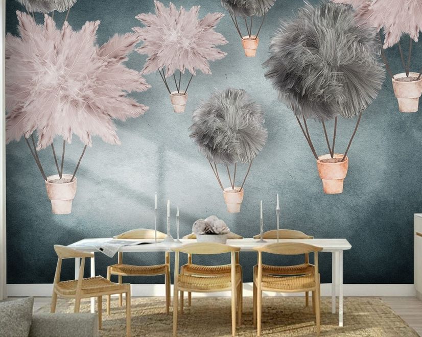 Gray Pink Feather Hot Air Balloon Wallpaper Mural