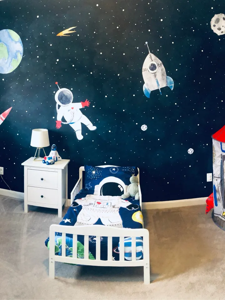 Kids Watercolor Space with Astronaut and Earth Wall Decal Sticker