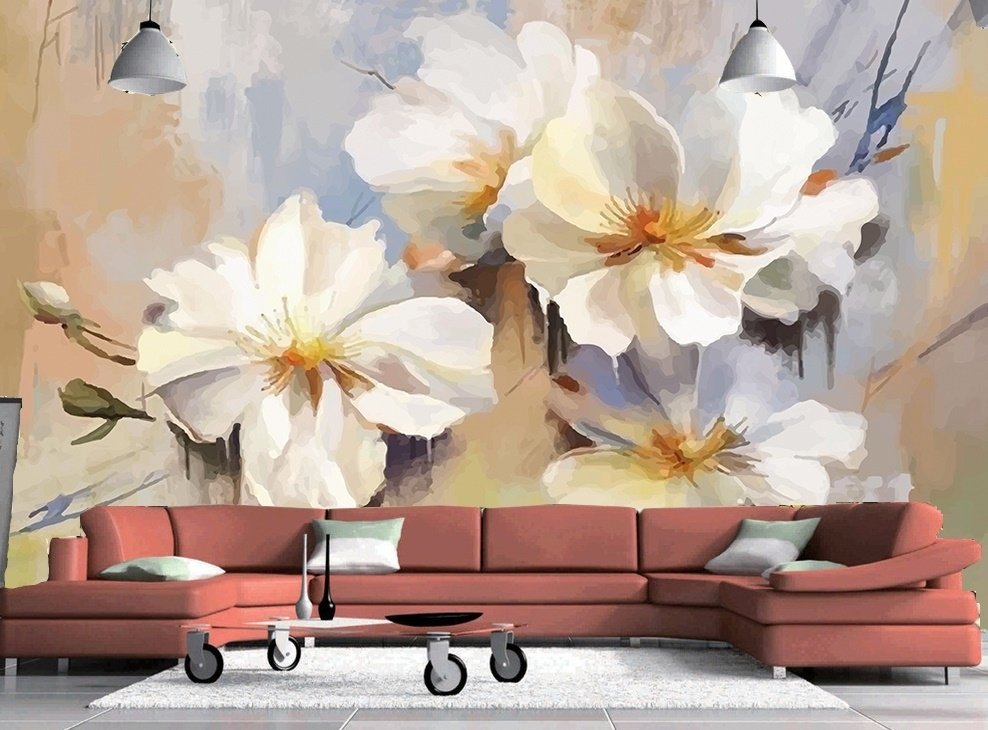 Oil Painting White Floral Wallpaper Mural - Peel and Stick