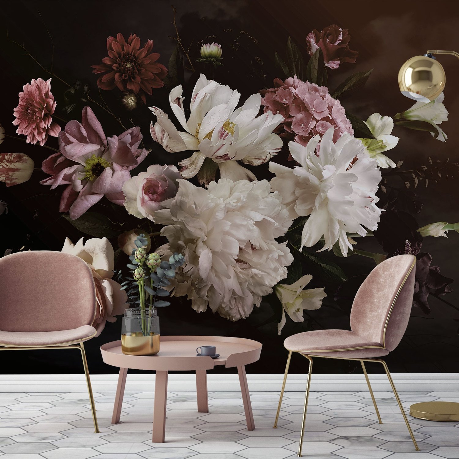 Dark Peony Floral Bouquet Wallpaper Mural - Peel and Stick