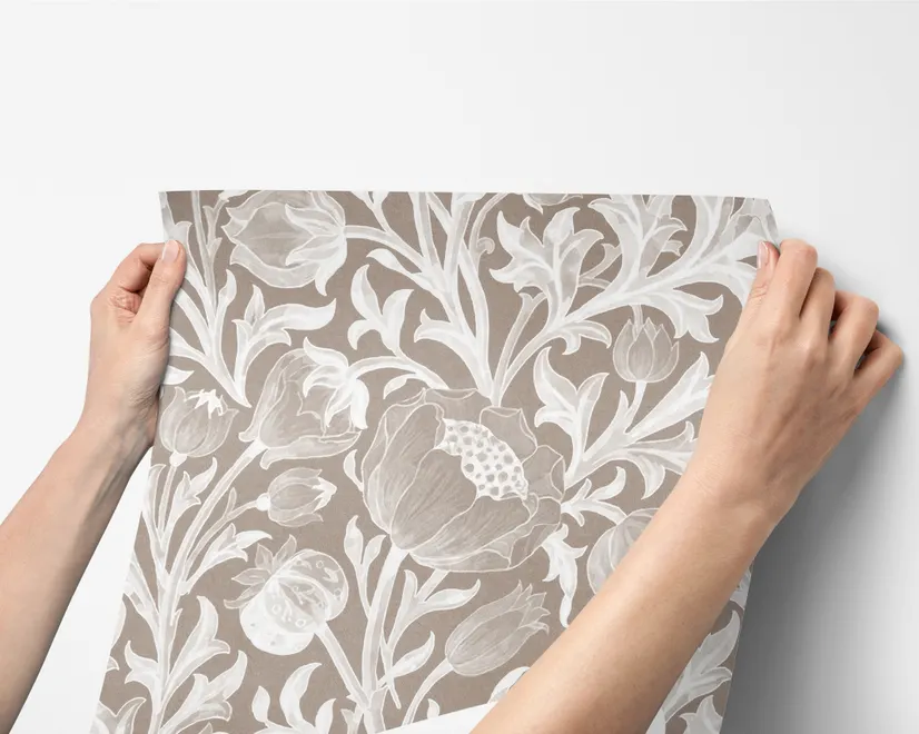 Greige botanical wallpaper with white watercolour flowers, buds, seed heads and acanthus leaves