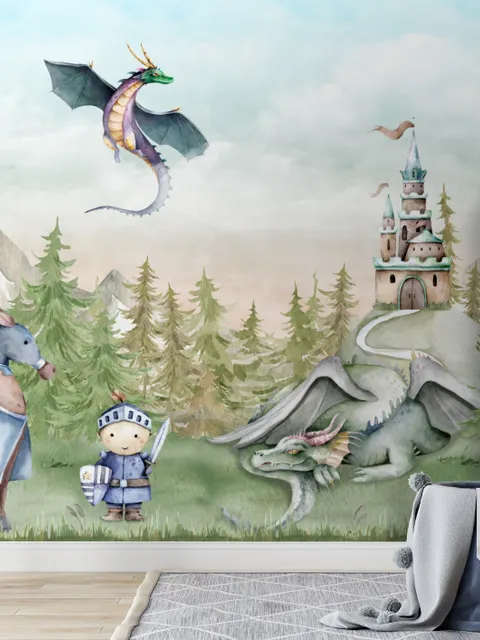Kids Dragons Fairytale Cute Prince and Princess Wallpaper Mural