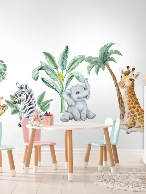 Kids Cute Safari Animal with Tropical Trees Wall Decal Sticker