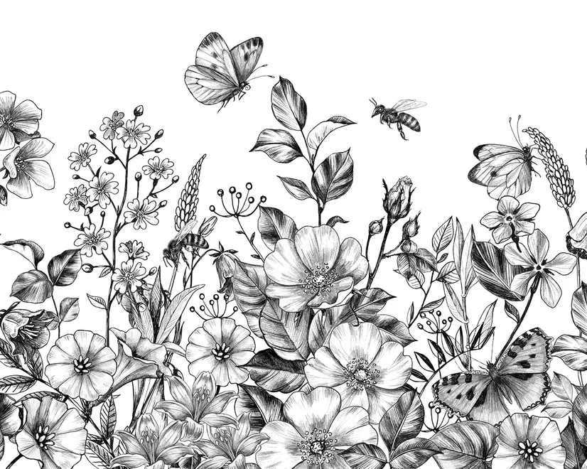 Black and White Floral Wallpaper Mural