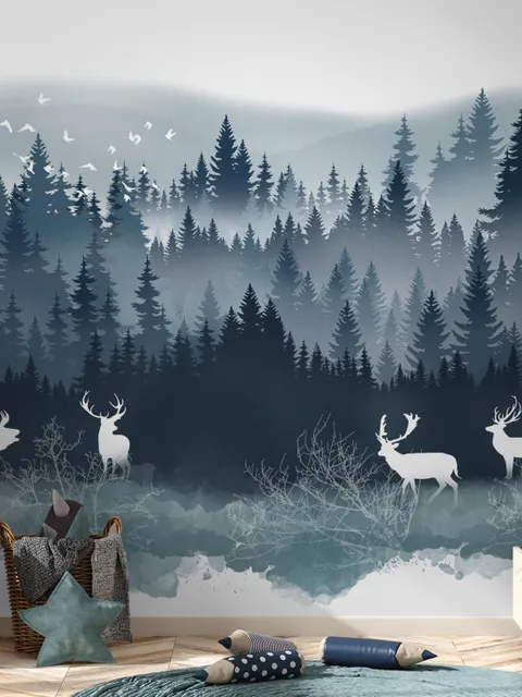 Misty Forest Landscape and Horned Deer Wallpaper Mural