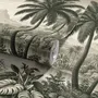 Sepia tropical landscape wallpaper with palms, banana plants, lagoon, bridge and mountains