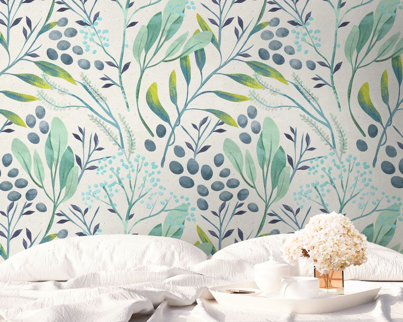 Green Leaf Branches with Berries Wallpaper Mural