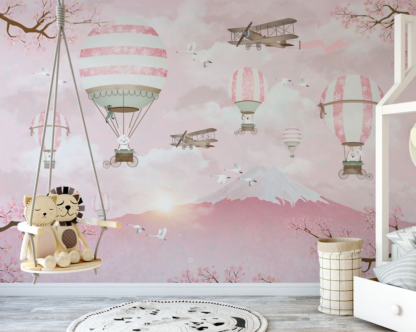 Hot Air Balloon with Pink Mountain Landscape Wallpaper Mural