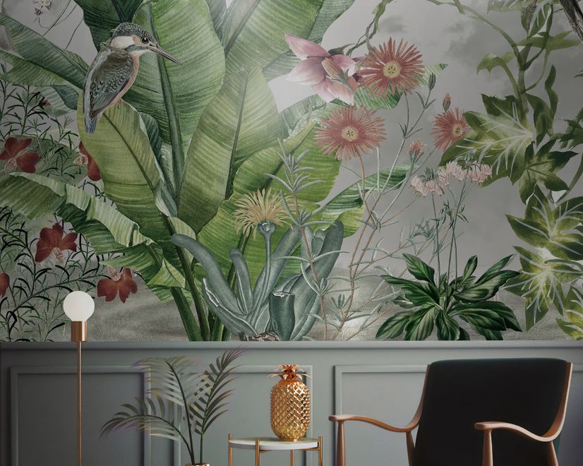 Papier peint panoramique forêt nostalgique fleurs colorées