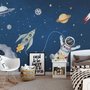 Papier peint panoramique de l'espace avec vaisseau spatial et astronaute pour les enfants
