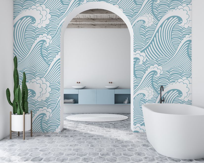 Papier peint panoramique pour enfants avec motifs de vagues de l'océan