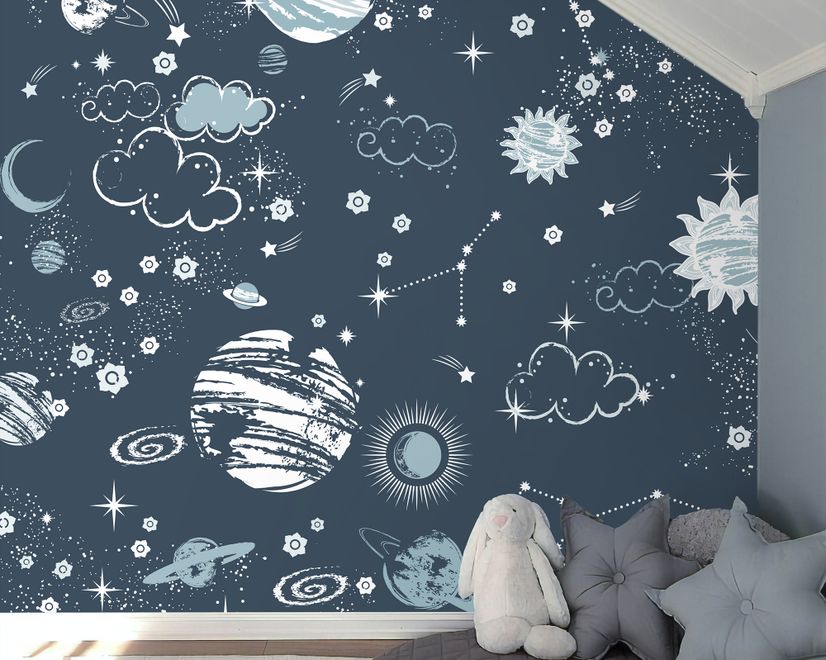 Dark Space Starry Sky with Blue Planets Wallpaper Mural