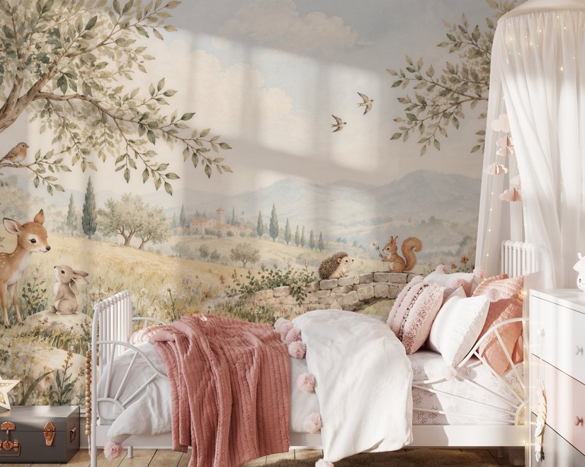 Watercolour woodland wall mural with fawn, rabbits, stone bridge, stream and distant cypress countryside