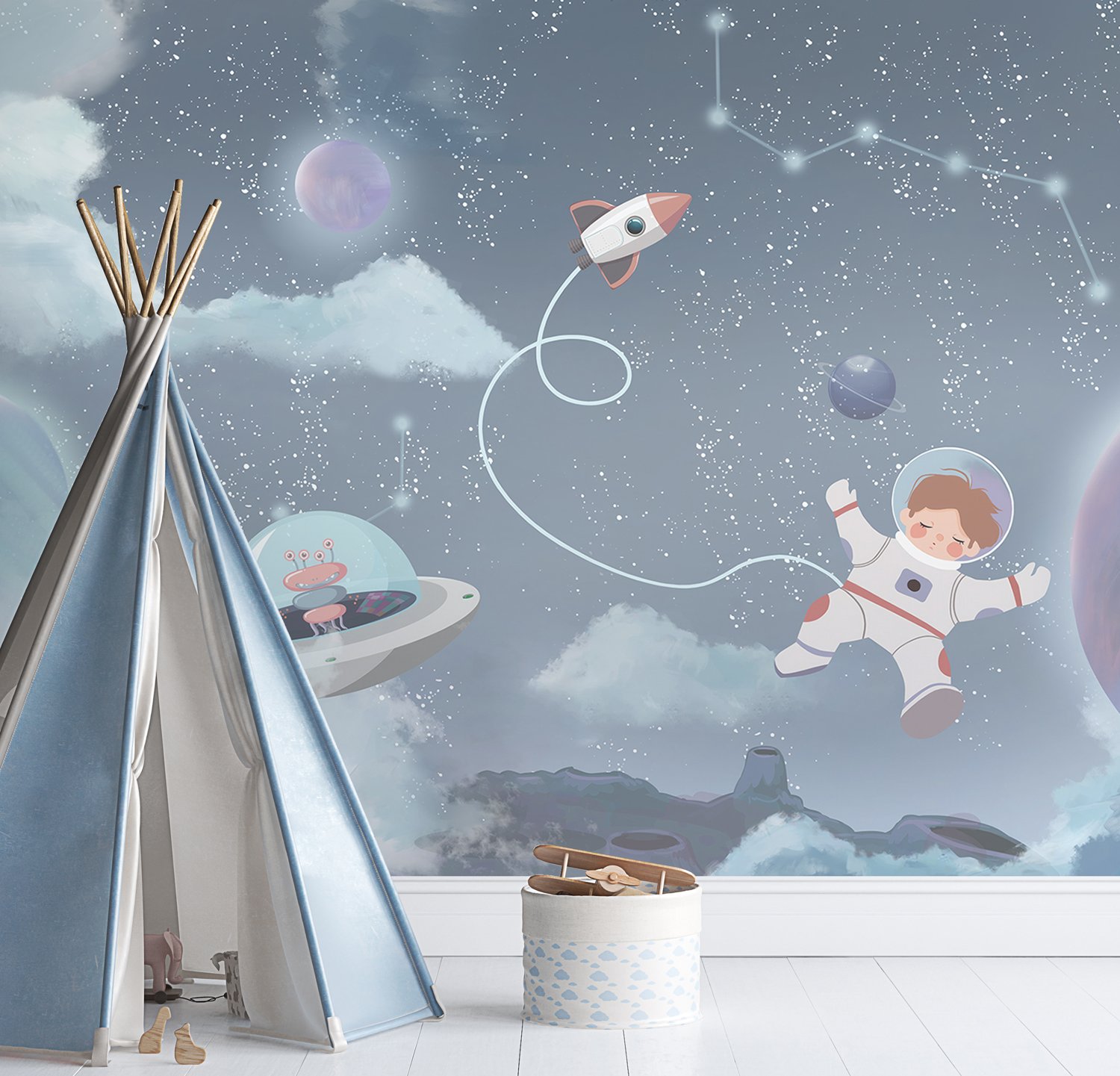Soft Shining Planets and Astronaut for Boys Space Wallpaper Mural - Peel and Stick