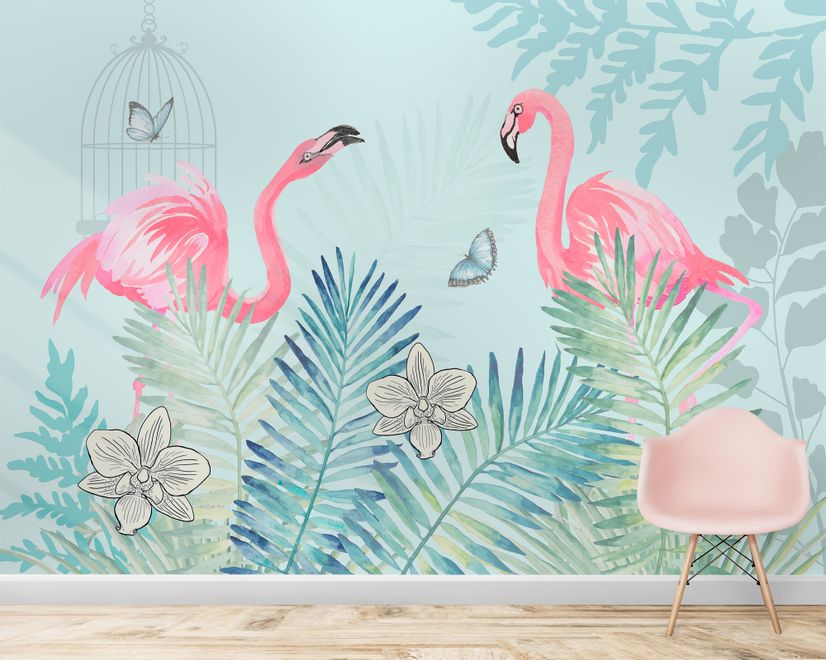 Vintage Pink Flamingo with Tropical Leaves Wallpaper Mural