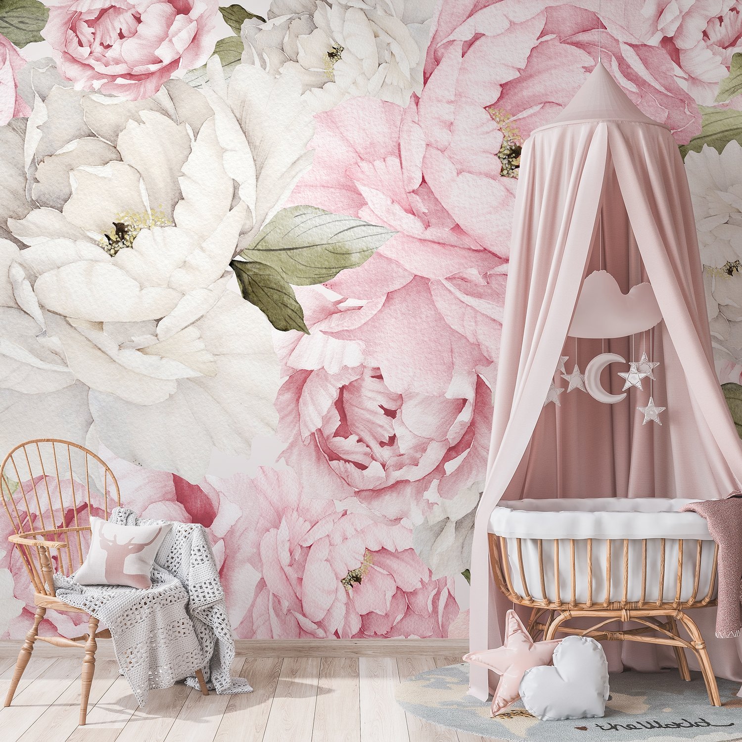 Nursery Watercolor Pink Peony Floral Blossom Wallpaper Mural - Peel and Stick