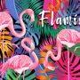 Papier peint panoramique flamant rose avec feuilles colorées