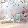 Papier peint  panoramique flamant rose fleurs colorées