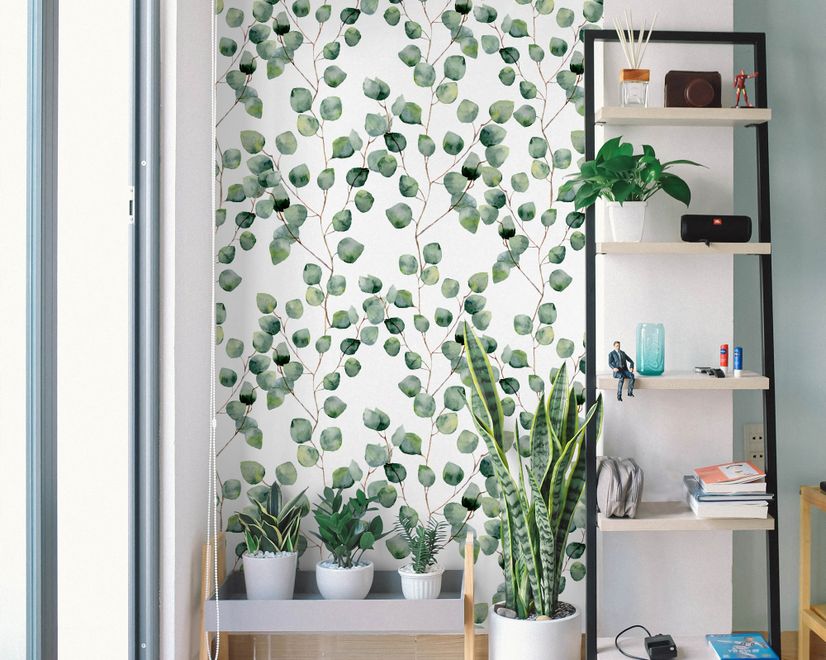 Watercolor Eucalyptus Leaf Pattern Wallpaper Mural