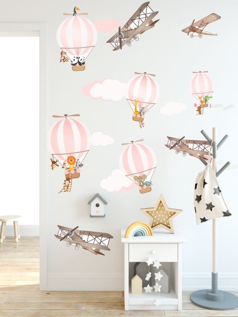Kinder Rosa Heißluftballon und Braunes Flugzeug mit Wolken Wandtattoo