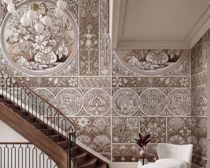 Antique wallpaper mural with Art Nouveau floral tile panels, sepia borders and blush botanical medallions