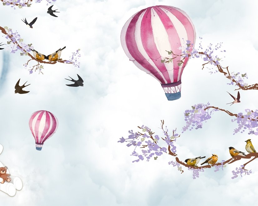 Kids Hot Air Balloon with Purple Blossom Wallpaper Mural