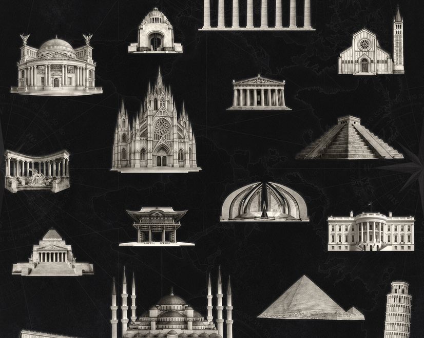 Vintage World Architecture Sketch Wallpaper Mural