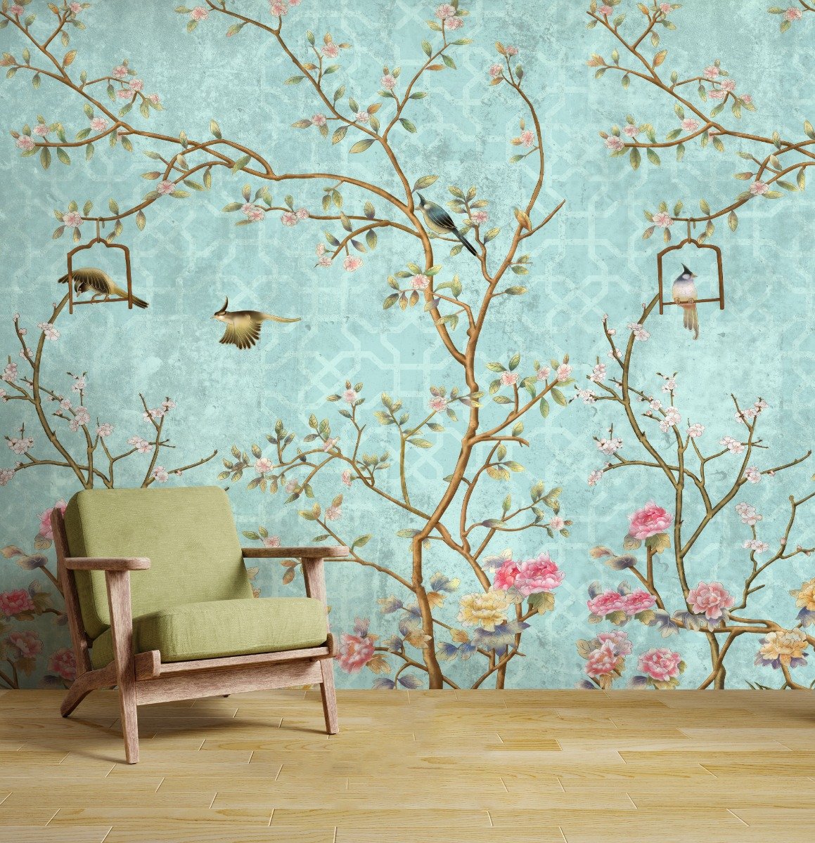Vintage Little Floral and Birds Wallpaper Mural - Peel and Stick