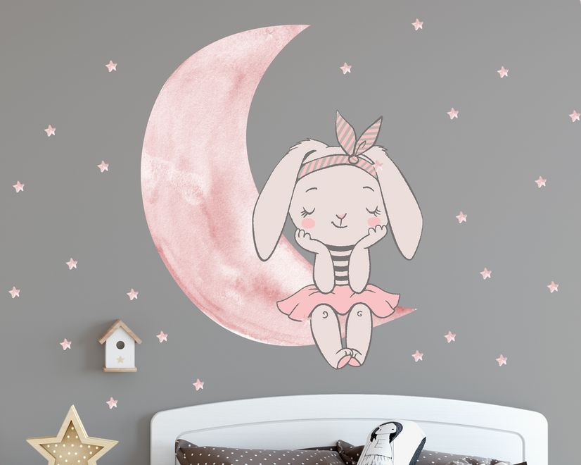 Stickers muraux lapin mignon aquarelle avec lune rose et petites étoiles pour enfants