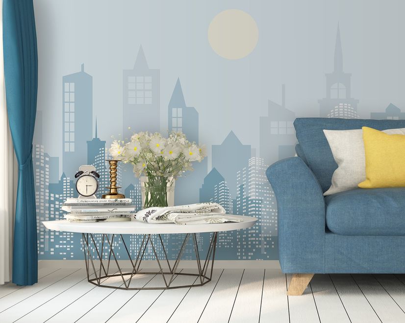 Blue Monochrome Cityscape and Soft Sun Wallpaper Mural