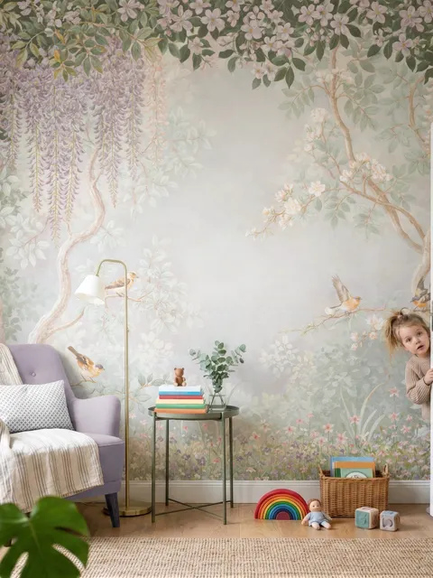 Watercolour nature wallpaper with lilac wisteria, pale trees, sage foliage and small songbirds around a misty clearing