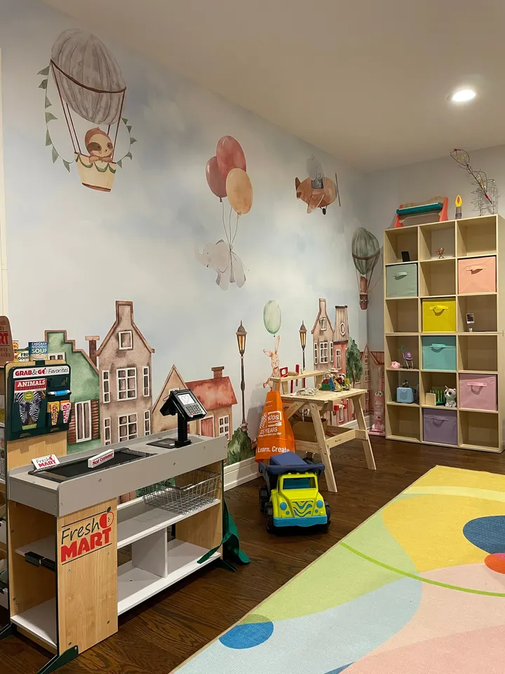 Watercolor Cute Houses with Flying Animals Wallpaper Mural for Kids