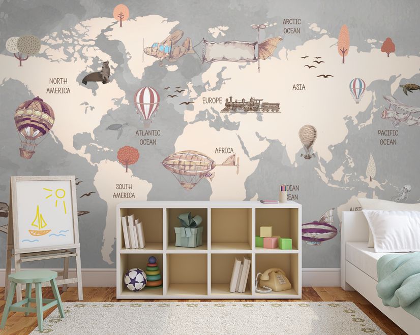 Vintage Kids World Map with Aircraft and Hot Air Balloon Wallpaper Mural