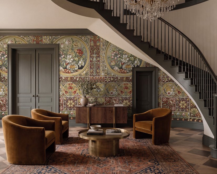 Antique style wallpaper mural with tulip vase medallion, floral tile panels and burgundy borders