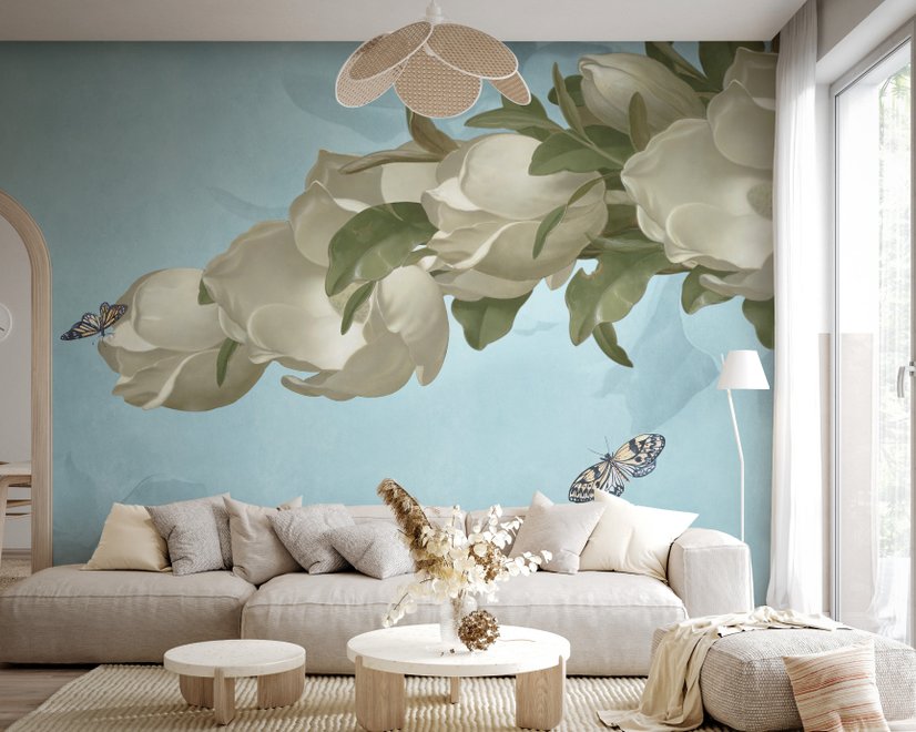 Gardenia Floral and Butterfly Wallpaper Mural