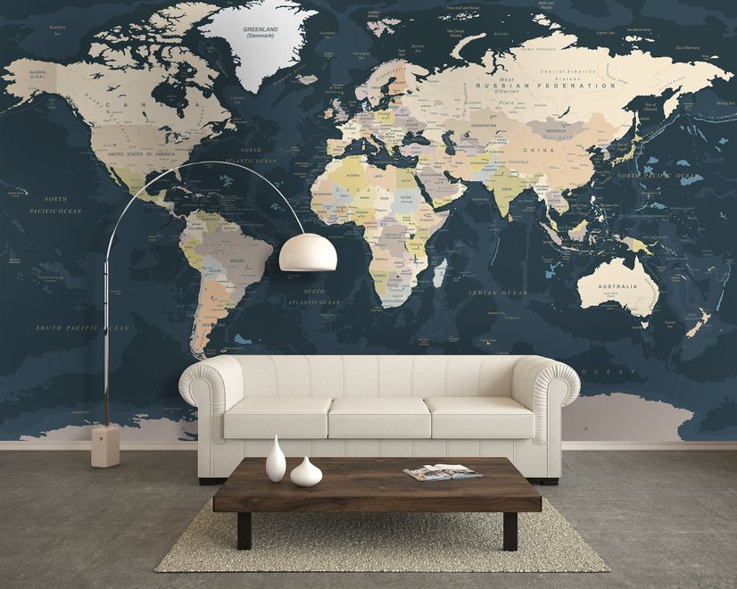 Navy Blue Political World Map Wallpaper Mural