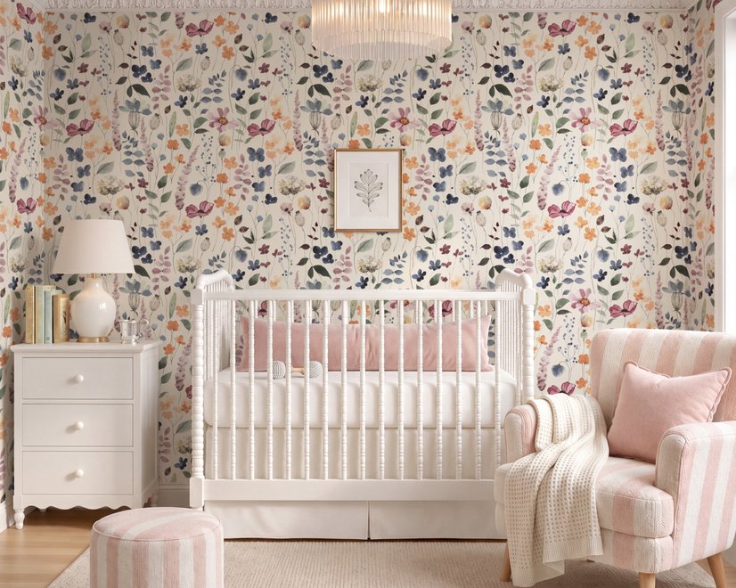 Watercolour floral wallpaper repeat with navy, blue, blush and peach wildflowers on warm cream