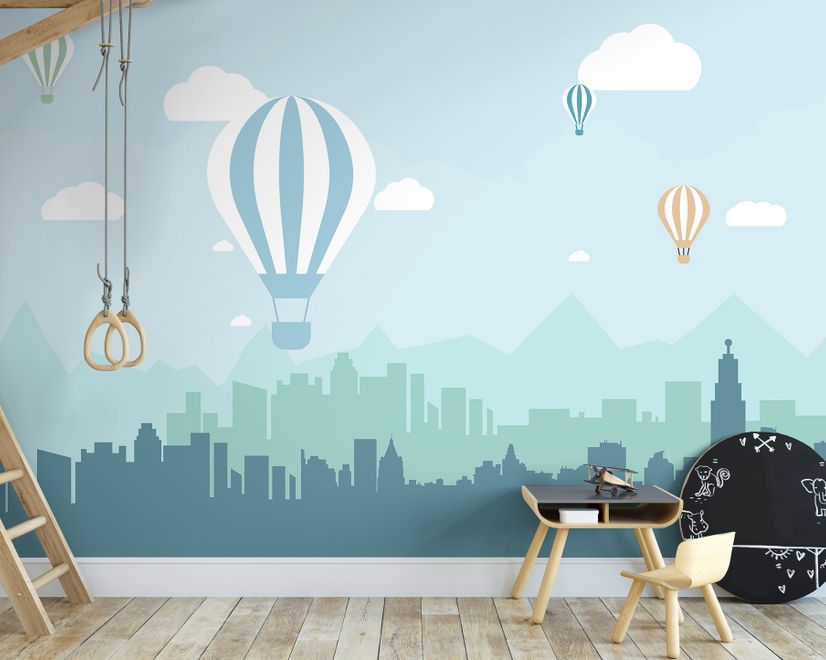 Hot Air Balloon and Blue City Landscape Wallpaper Mural